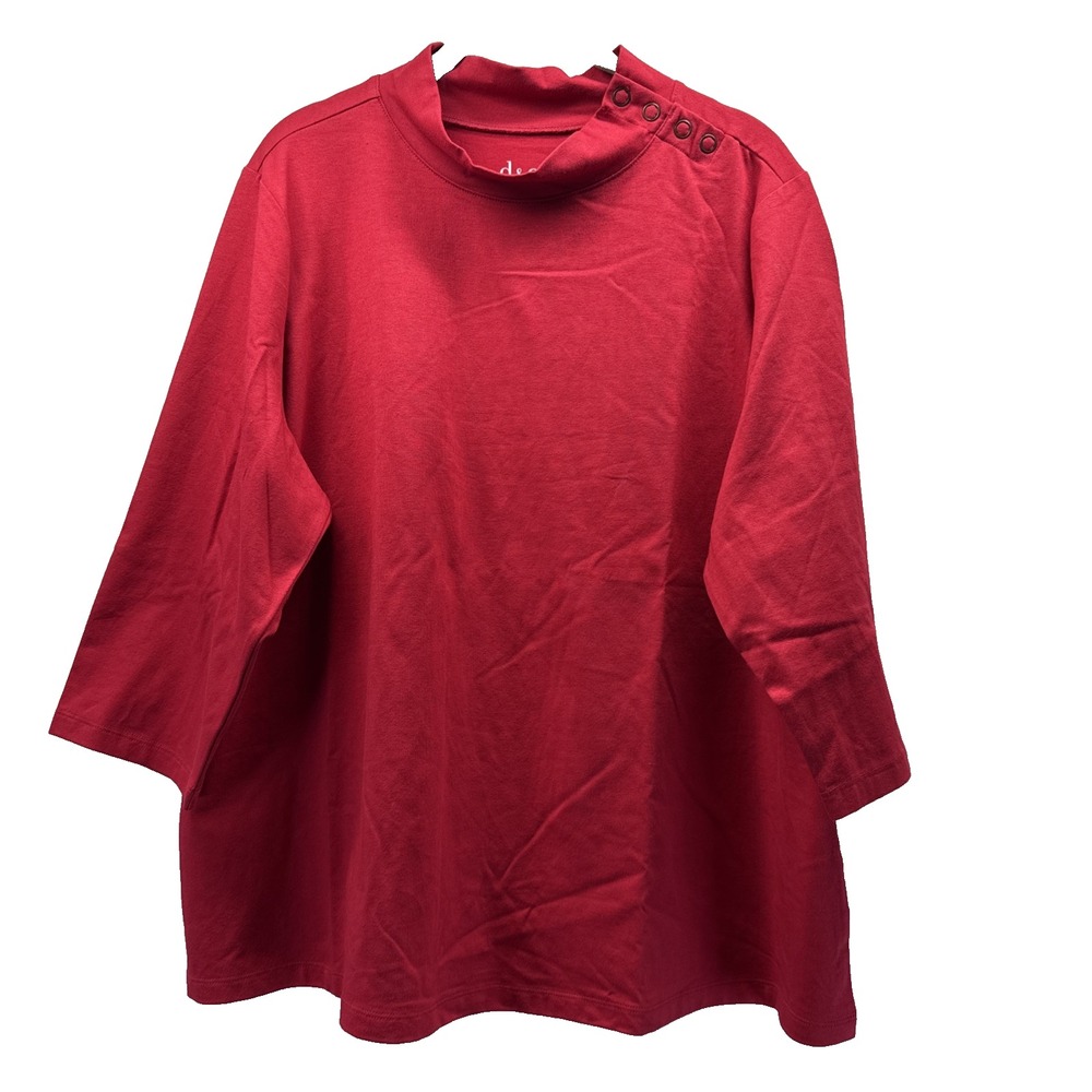 Denim & Co Women's Top Size 1X Red Snap Shoulder Mock Neck 3/4 Sleeves Pullover